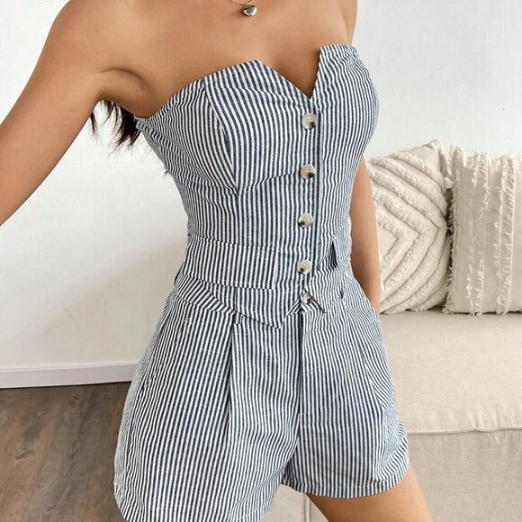 Blue And White Elegant Women's Striped Camisole Cardigan And Shorts Set - Picture 6 of 6